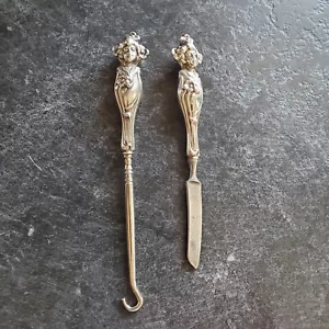 2 Pc Lot Art Nouveau Sterling Silver Figural Button Hook+Cuticle Knife - Picture 1 of 4