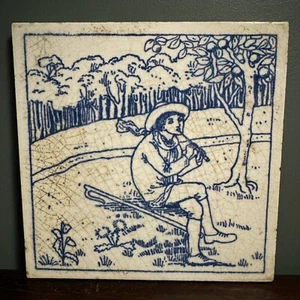 Antike viktorianische Minton Kinderreim Fliese - kleiner Junge blau - blau & weiß - Bild 1 von 12