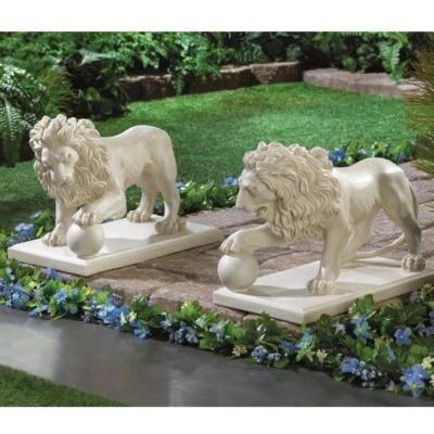 2 Pc Set Regal Lion Statue Duo Paw Orb Foyer Lobby Walkway Guard 16x9x12 inches - Image 1 of 4