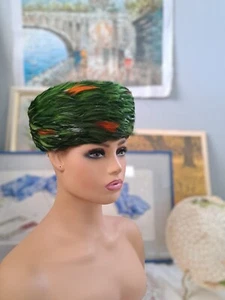 60s Green Orange Feather Felt Pillbox Vintage Women Hat Nikita - Picture 1 of 24
