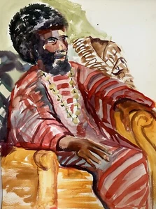 Watercolor Painting African Male Portrait Artist Joan Perry Original Vintage Art - Picture 1 of 7