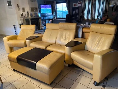 Stressless 4Personencouch, echt Leder, hellgelb ,2Tische mit Fach, und Hocker - Bild 1 von 4