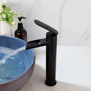 Grifo lavabo lavabo baño negro cascada mezclador frío caliente grifo cubierta con montura - Imagen 1 de 9