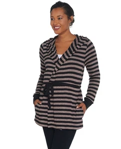 AnyBody Brushed Hacci Striped Hooded Cardigan Smokey Taupe Blk Size Large - Bild 1 von 5