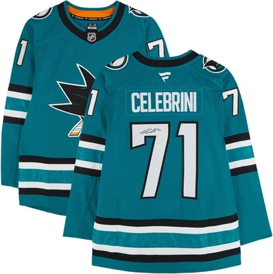 Camiseta deportiva premium Macklin Celebrini San Jose Sharks autografiada verde azulado fanáticos del hogar Foto 1 de 4