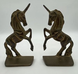 Vintage Paar massive Messing Einhorn Buchstützen magische Pferde 7,5" - Bild 1 von 20