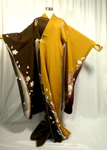 Japanischer Kimono SEIDE "FURISODE",Coach,SAKURA,GLD Faden/Blatt,3 Wappen,L5'7"..4534 - Bild 1 von 17