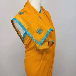 Womens Chiffon Dupatta Sari Saree Mustard Turquoise Beading Trim Embroidered - Picture 1 of 11