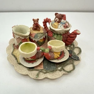 Teddybär Patchwork Miniatur Teeservice Keramik Ornament 8 Teile Weihnachten - Bild 1 von 9