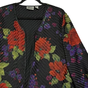 Chicos Design 100% Silk Woven Jacket Floral Print Black Red Green Purple Size 1 - Picture 1 of 7