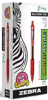 ZEBRA PEN Zebra Z-Grip Retractable Ballpoint Pen, Medium 1.0mm, Red 12 Pack *Bulk Pricing*