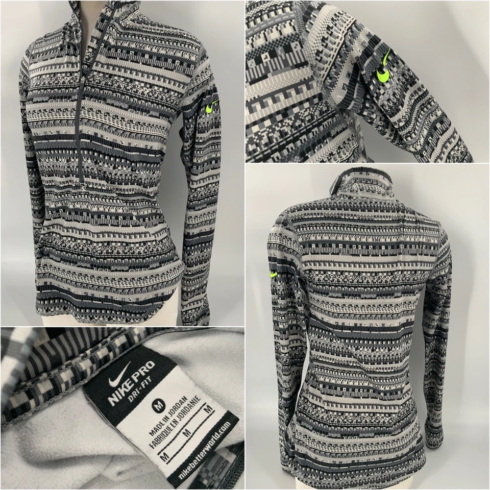 Pullover para correr Nike Pro M para mujer gris a rayas 1/2 cremallera poli spandex YGI K2-286 Foto 1 de 4