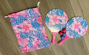 Lilly Pulitzer Paddle Ball 7 piece Set with Carry Tote Pink Isle Snappy Turtle - Picture 1 of 4