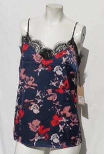 NEW HALOGEN Nordstrom Navy Floral Print Satin w/Lace Cami Shirt Tank Top US XS - Picture 1 of 5