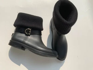 Salvatore Ferragamo Thordis Rain Boots Black Fold Down Ribbed Knit Shaft 7 - Picture 1 of 13