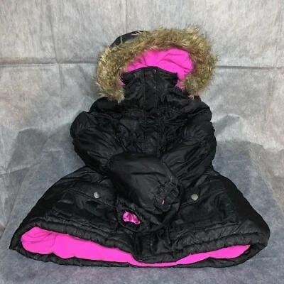 Puffer Jacket Faux Fur Lined Hood Canyon River Blues Girls Black Zip Button - Image 1 of 4