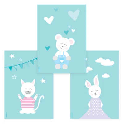 PRICARO Poster "Tier-Harmonie" türkis A4 3er Set Deko Kinderzimmer Bilder Kids - Bild 1 von 4