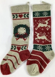 Fair Isle Weihnachtsstrümpfe 2er Set gestrickt hellbraun grün weinrot 5” x 21” - Bild 1 von 4