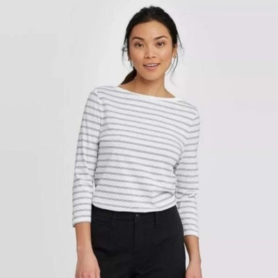 Camiseta A New Day para mujer M blanca negra a rayas manga larga calce ajustado cuello barco nueva con etiquetas Foto 1 de 4