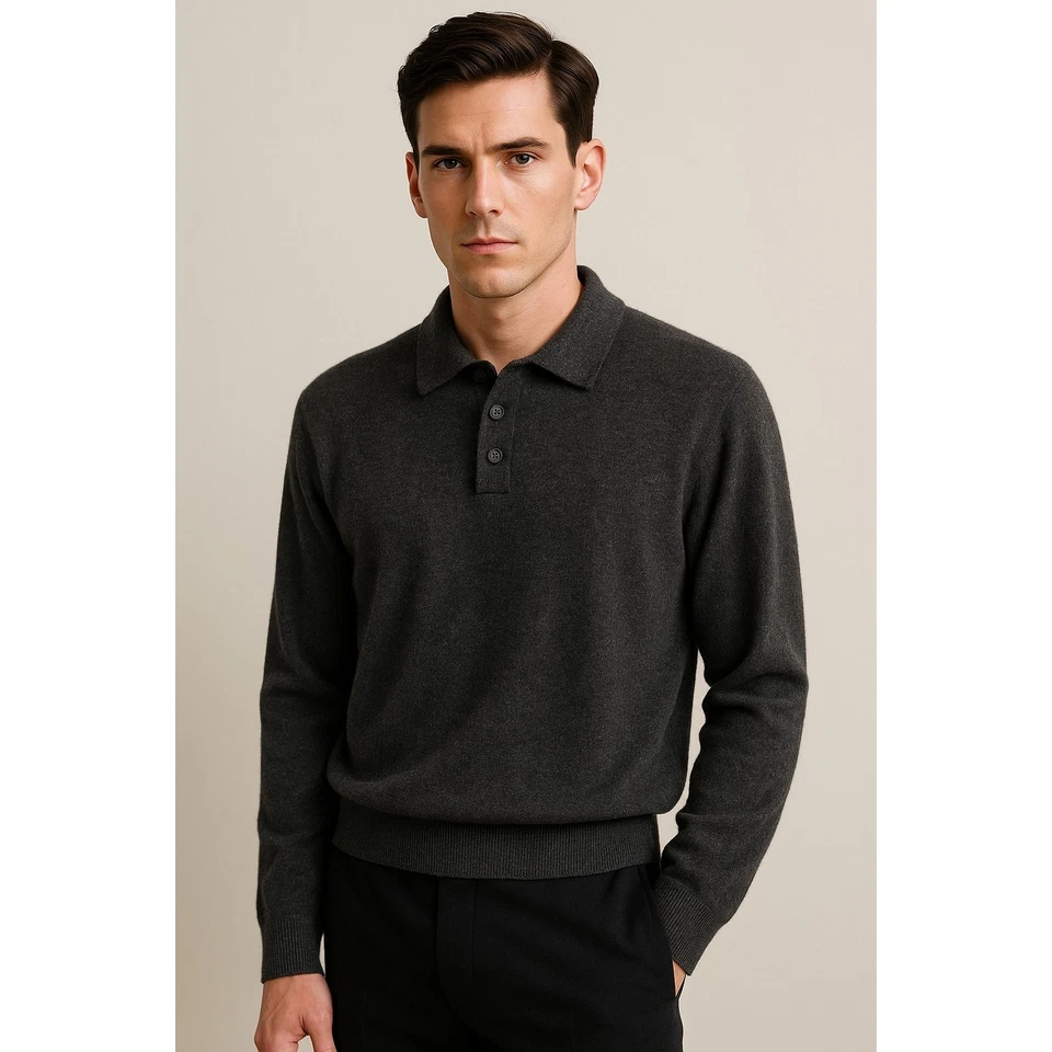 Metropolitan View 100% Cashmere Mens Polo Sweater L Gray Soft Luxury Knit Pullov - Image 1 of 4