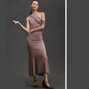 By Anthropologie Asymmetrical Slim Midi Dress- Taupe Purple- Womens SZ Small - Picture 1 of 23