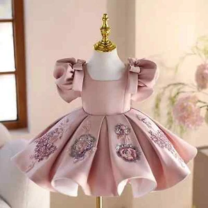 Vestido rosa de lujo para niña cuello cuadrado princesa niños cumpleaños concurso fiesta vestido - Imagen 1 de 8