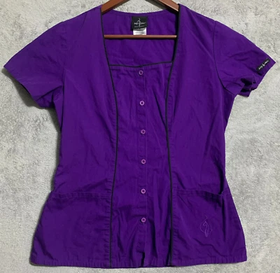 Baby Phat Scrub Top Purple w Black Piping Princess Seam Button Up Small - Image 1 of 4