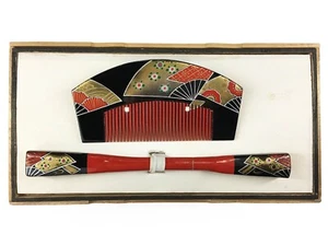 VTG Japanese Black Lacquered Comb & Kougai Kanzashi Hair Ornament Set: Oct17-A - Picture 1 of 11