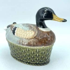 SECLA Portugal Ceramic Duck Trinket Box Basket Weave Lid Vintage 5.5" Figurine - Picture 1 of 11