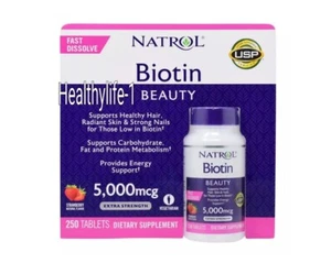 Natrol Biotin 5000 mcg 250 Tablets, Fast Dissolve, Strawberry Flavor Nail Hair - Picture 1 of 4