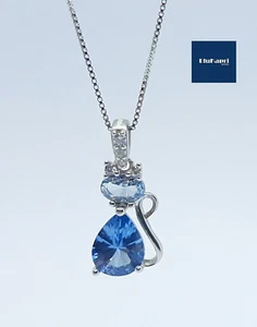Collana donna ciondolo Gatto in Argento925 con pietra acquamarina goccia azzurro - Foto 1 di 9