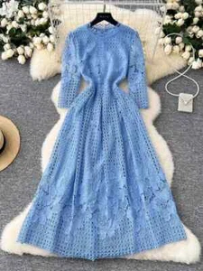 Otoño Vintage Flor Bordado Encaje Hueco Vestido Mujer Boda Fiesta Larga - Imagen 1 de 28