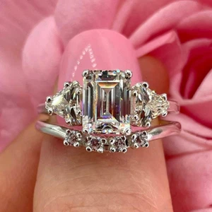 3.84Ctw Emerald Cut Moissanite Bridal Set Engagement Ring 14K White Gold Plated - Picture 1 of 16