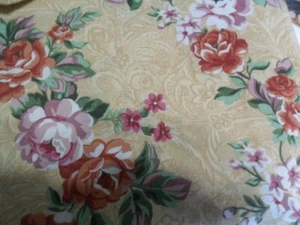 QUILTING SEWING COTTON FABRIC UNWASHED CORAL FLORAL ON GOLD SWIRL BACKGROUND - Picture 1 of 3