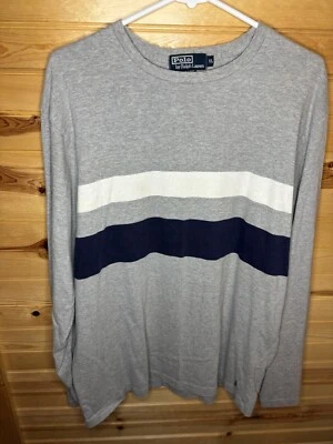 Винтажная мужская футболка Polo от Ralph Lauren размер XL с длинным рукавом хлопок серая синяя полоса - Изображение 1 из 4