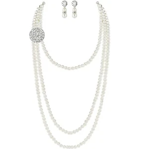 GREAT GATSBY 1920S SILVER PLATED RHINESTONE DISC PEARL TASSEL NECKLACE EARRING - Picture 1 of 5