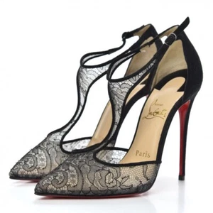 Christian Louboutin Salonu Chantilly Encaje Correa en T Suela Roja Bomba, Negro Talla 37.5 - Imagen 1 de 24
