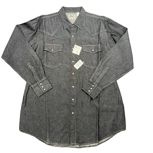 VTG ELY Cattleman Black Denim Pearl Button Snap Western Shirt XL TALL Deadstock - Picture 1 of 8