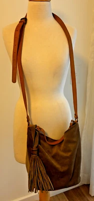 ESTILO EMPORIO TAUPE SUEDE BUCKET CROSSBODY BAG TAN LEATHER STRAP & BOTTOM TASSE - Image 1 of 4