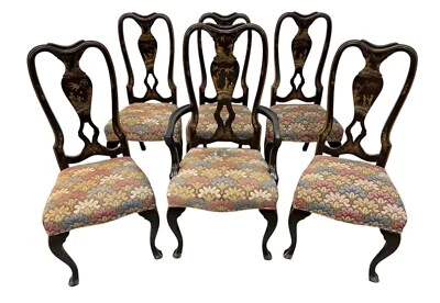 Sillas de comedor antiguas decoradas con pintura Chinoiserie - Juego de 6 Foto 1 de 4