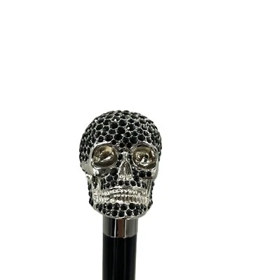 Italian Luxury 925 silver skull head with black crystals walking cane (36-inch) - Image 1 of 4