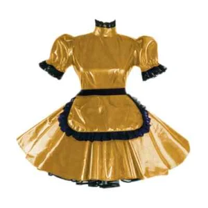 Lockable Shiny Metallic Patent Leather Turtleneck Short Puff Sleeve Maid Dress - Picture 1 of 14