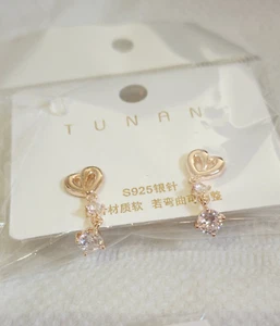 Rose Gold Heart Zircon Drop Earrings (from Korean drama Crash Landing on You) - Picture 1 of 3