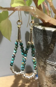 Navajo Style Beaded Hubei Turquoise Sterling Silver Earrings. SALE - Picture 1 of 5