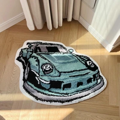 Enthusiast Green Sports Car Shaped Flocking Rug Irregular Geometric Carpet Be - Image 1 of 4