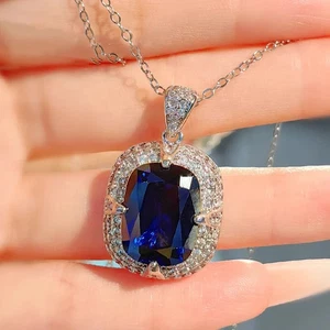 2.10Ct Cushion Lab-Created Sapphire Halo Pendant 14K White Gold Plated 18"Chain - Picture 1 of 5