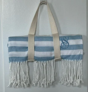 NEW VICTORIAS SECRET VS MONOGRAM FRINGE BEACH BLANKET BLUE WHITE STRIPED 34"x64" - Picture 1 of 5
