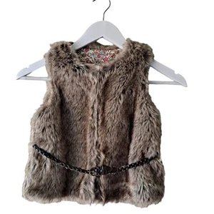 Brown Faux Fur Floral Lined Vest with Braided Leather Belt Girls Size Medium 5-6 - Picture 1 of 7