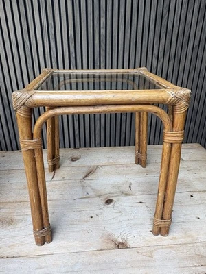 Vintage Retro Brown Bamboo Side End Coffee Table Plant Stand Glass Top - Image 1 of 4