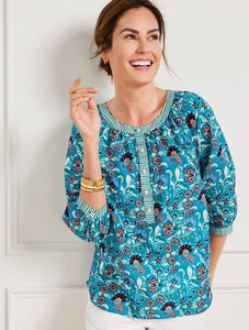 Talbots Teal Jacobean Floral 3/4 Balloon Sleeve Lightweight Popover Top XL NWT - Picture 1 of 8